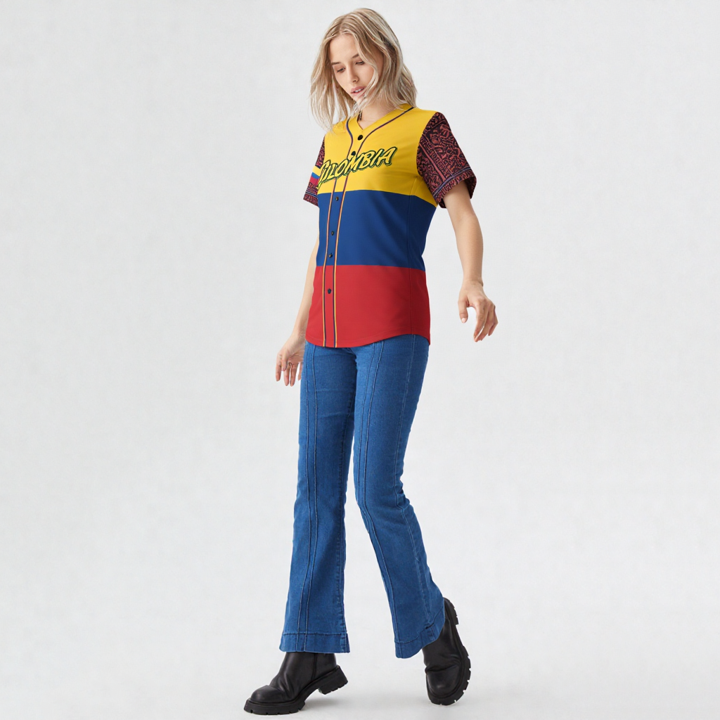 Colombia Baseball Jersey Shirt - Flag Colors & Tribal Print, Custom Number - Unisex Sports Fan Tee