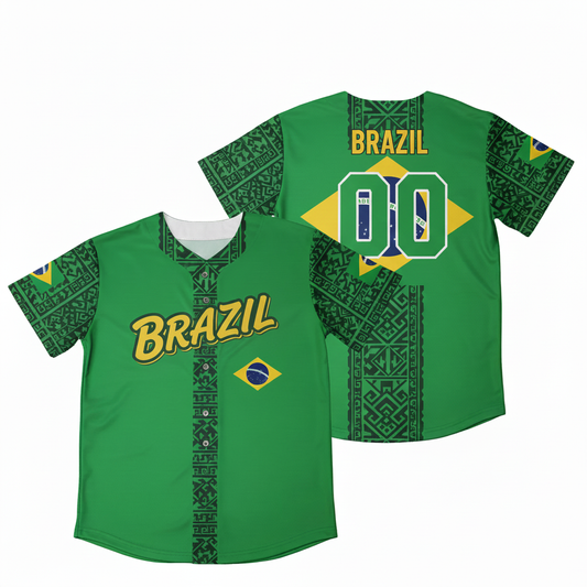 Brazil Flag Baseball Jersey - Custom Name & Number - Unique Green Cultural Print