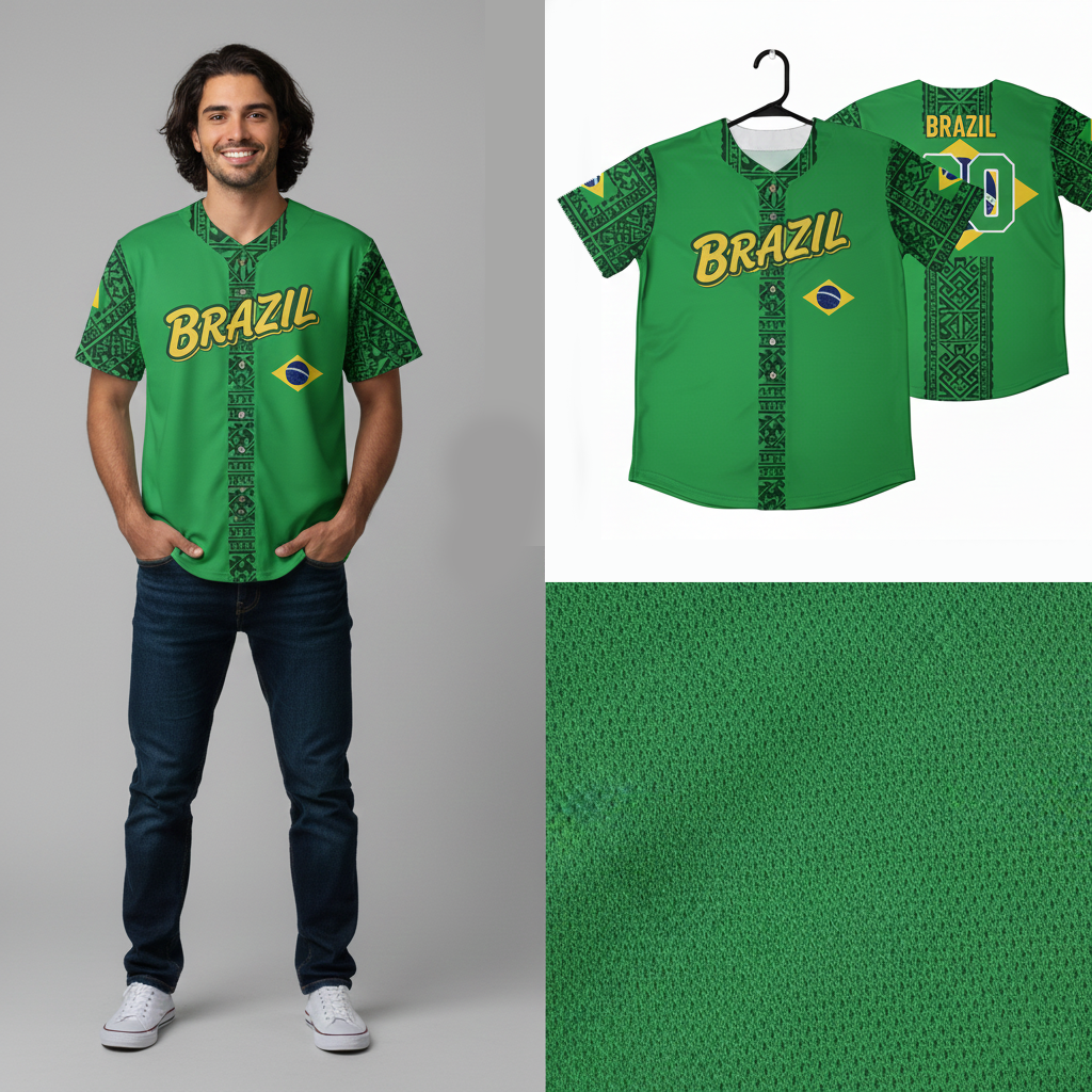 Brazil Flag Baseball Jersey - Custom Name & Number - Unique Green Cultural Print