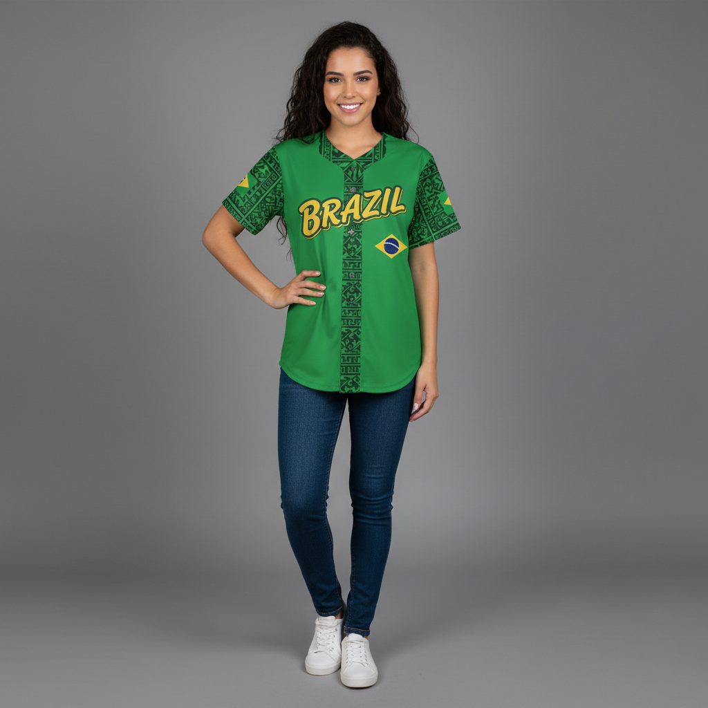 Brazil Flag Baseball Jersey - Custom Name & Number - Unique Green Cultural Print