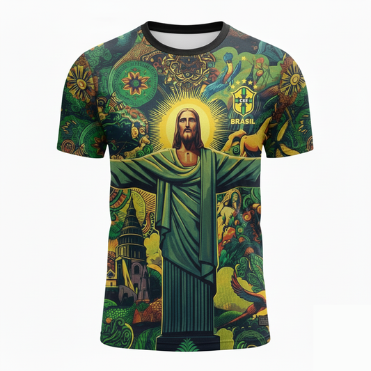 Brazil Soccer Christ the Redeemer Art T-Shirt | Unique All-Over Print Brazilian Football Jersey Style | Green & Yellow Limited Edition