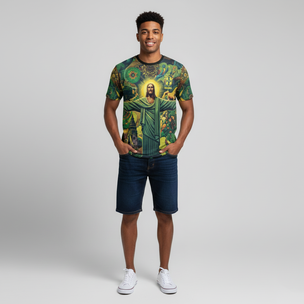 Brazil Soccer Christ the Redeemer Art T-Shirt | Unique All-Over Print Brazilian Football Jersey Style | Green & Yellow Limited Edition