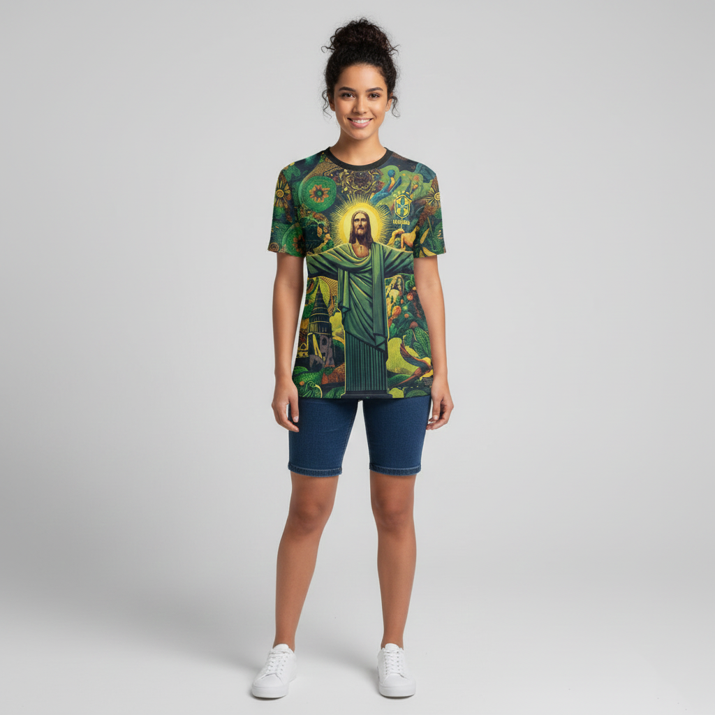 Brazil Soccer Christ the Redeemer Art T-Shirt | Unique All-Over Print Brazilian Football Jersey Style | Green & Yellow Limited Edition