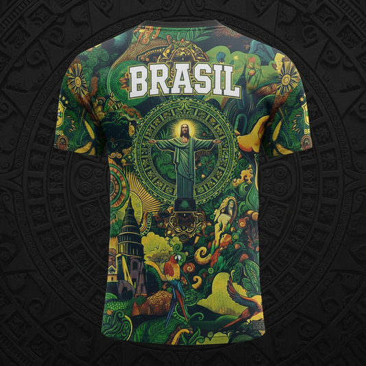 Brazil Soccer Christ the Redeemer Art T-Shirt | Unique All-Over Print Brazilian Football Jersey Style | Green & Yellow Limited Edition