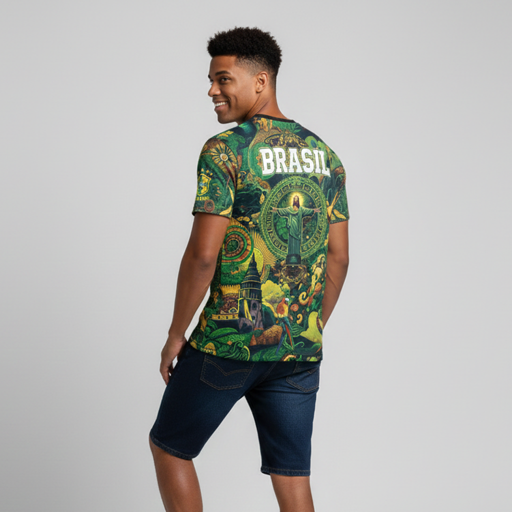 Brazil Soccer Christ the Redeemer Art T-Shirt | Unique All-Over Print Brazilian Football Jersey Style | Green & Yellow Limited Edition