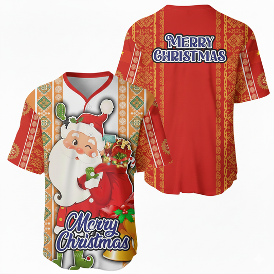 Mango Loco Red Color Christmas Santa V-Neck Shirt Quick Dry/Bird Eye Mesh Holiday Baseball Jersey