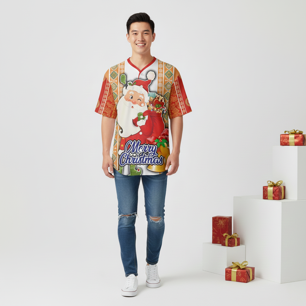Mango Loco Red Color Christmas Santa V-Neck Shirt Quick Dry/Bird Eye Mesh Holiday Baseball Jersey