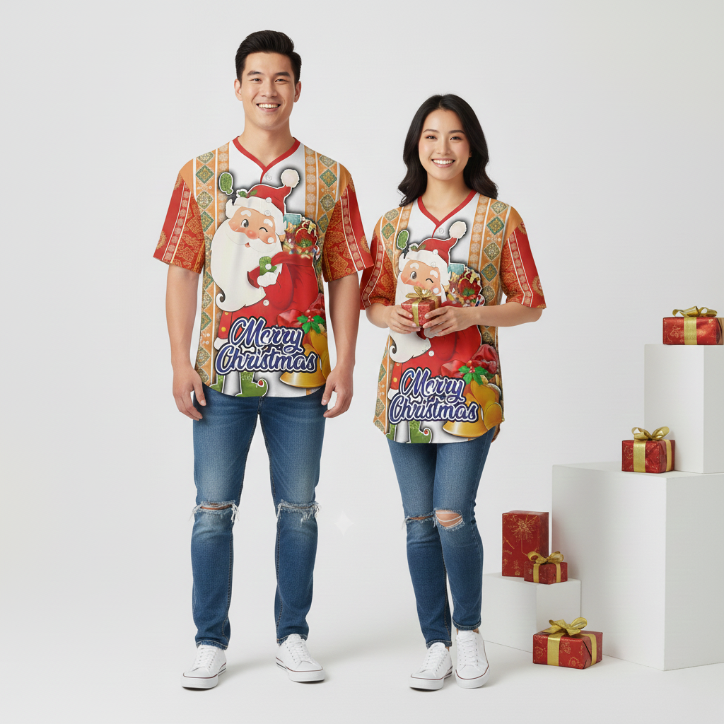 Mango Loco Red Color Christmas Santa V-Neck Shirt Quick Dry/Bird Eye Mesh Holiday Baseball Jersey