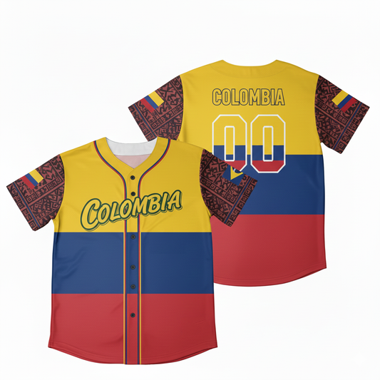 Colombia Baseball Jersey Shirt - Flag Colors & Tribal Print, Custom Number - Unisex Sports Fan Tee