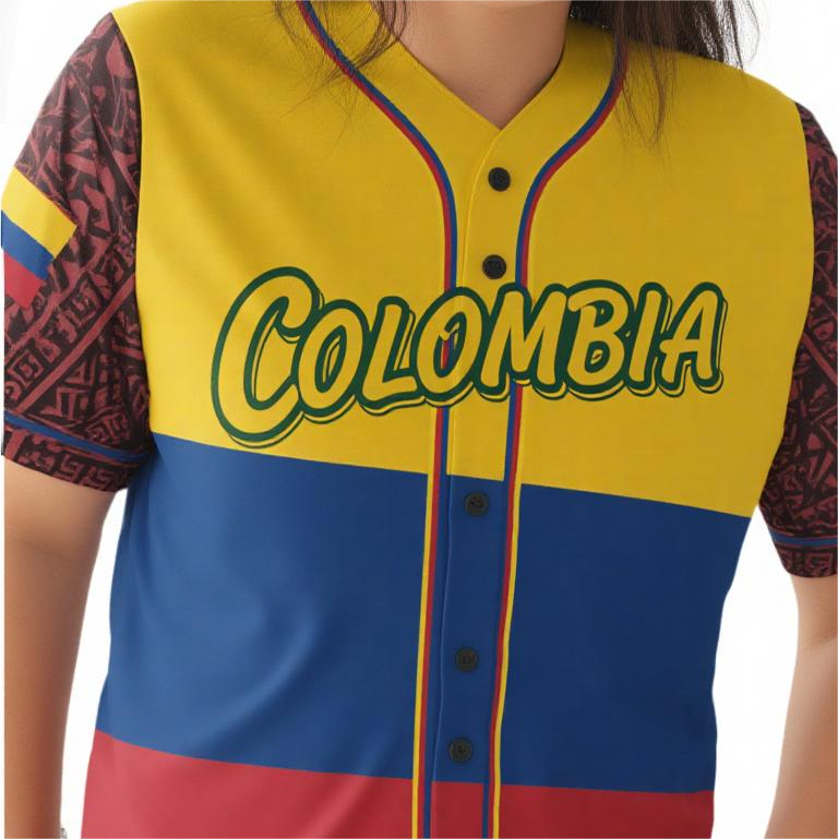 Colombia Baseball Jersey Shirt - Flag Colors & Tribal Print, Custom Number - Unisex Sports Fan Tee