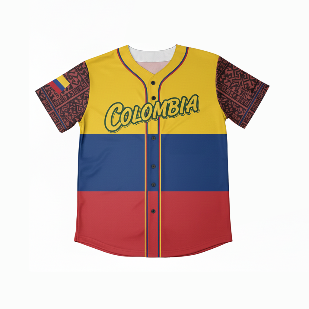 Colombia Baseball Jersey Shirt - Flag Colors & Tribal Print, Custom Number - Unisex Sports Fan Tee