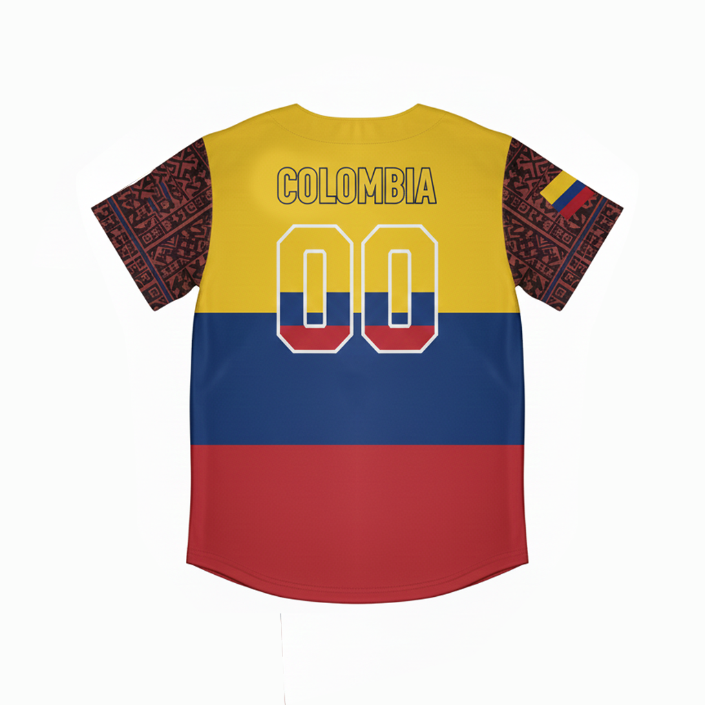 Colombia Baseball Jersey Shirt - Flag Colors & Tribal Print, Custom Number - Unisex Sports Fan Tee