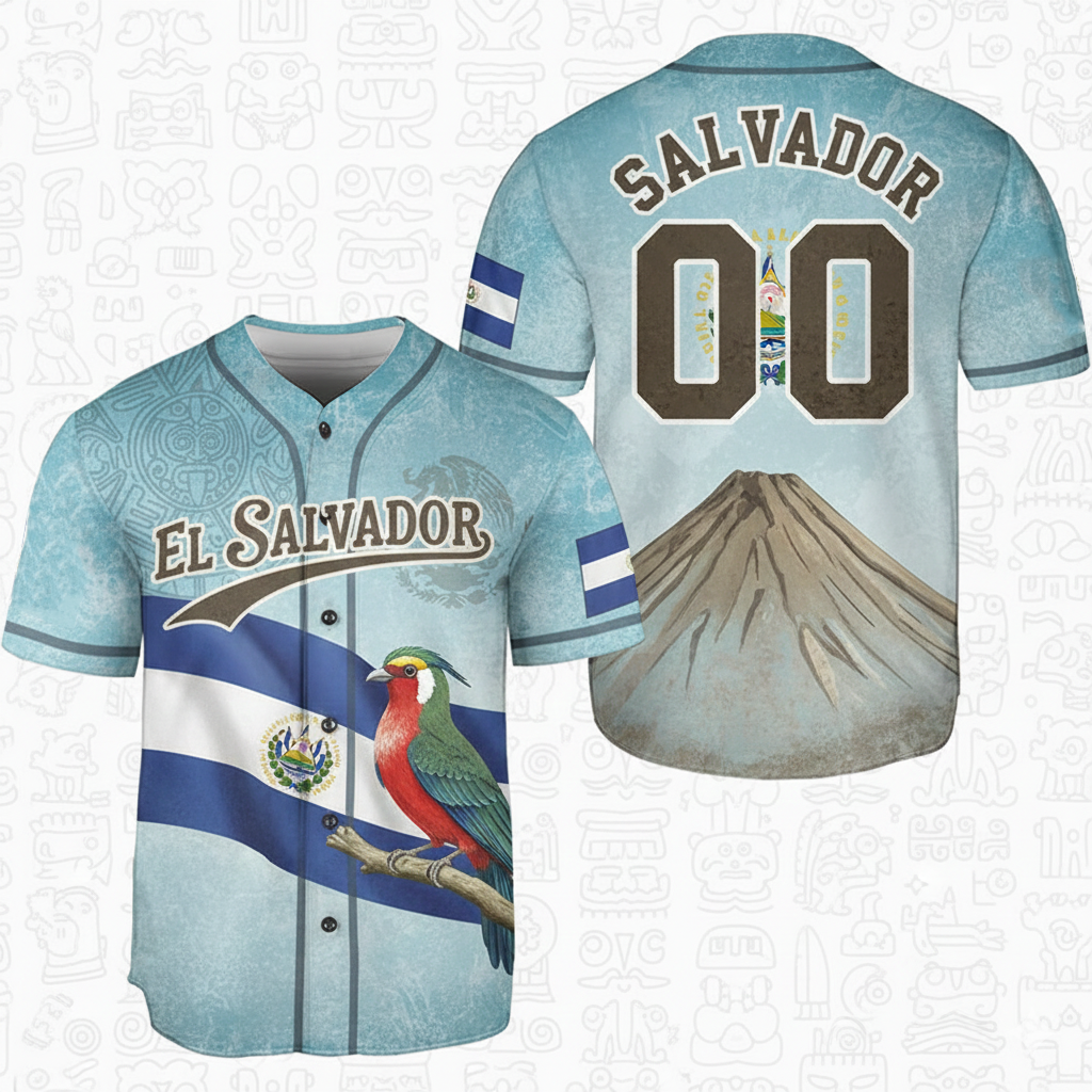 El Salvador Baseball Jersey - Volcano & Quetzal Bird Print, Flag Design - Customizable Name/Number