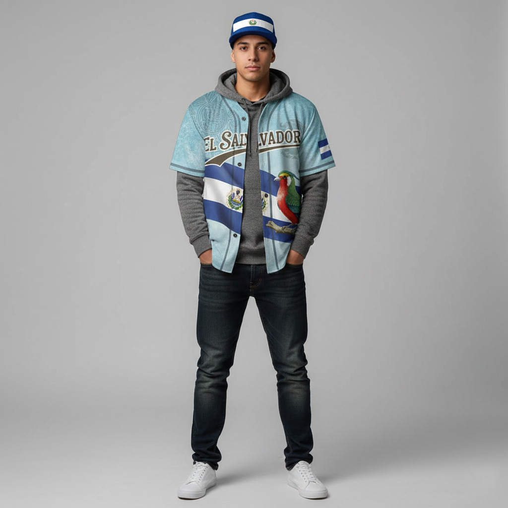 El Salvador Baseball Jersey - Volcano & Quetzal Bird Print, Flag Design - Customizable Name/Number