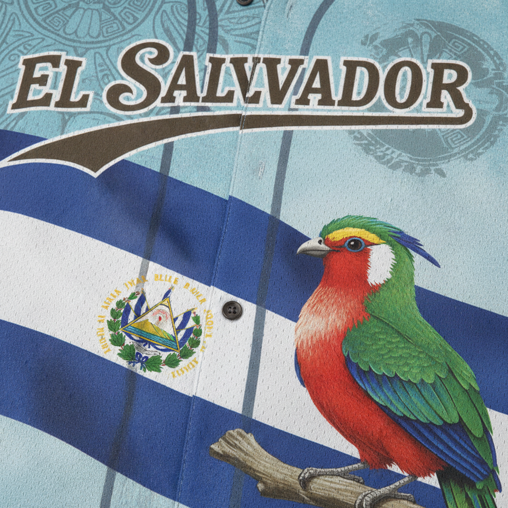 El Salvador Baseball Jersey - Volcano & Quetzal Bird Print, Flag Design - Customizable Name/Number