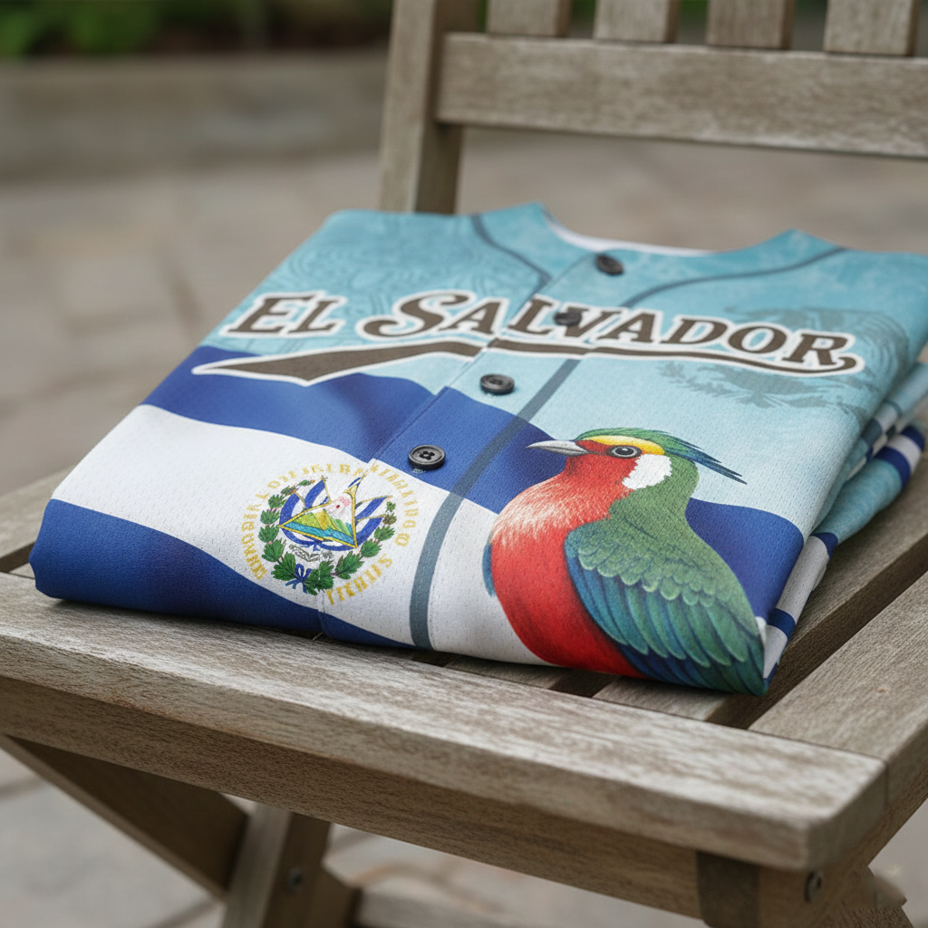 El Salvador Baseball Jersey - Volcano & Quetzal Bird Print, Flag Design - Customizable Name/Number