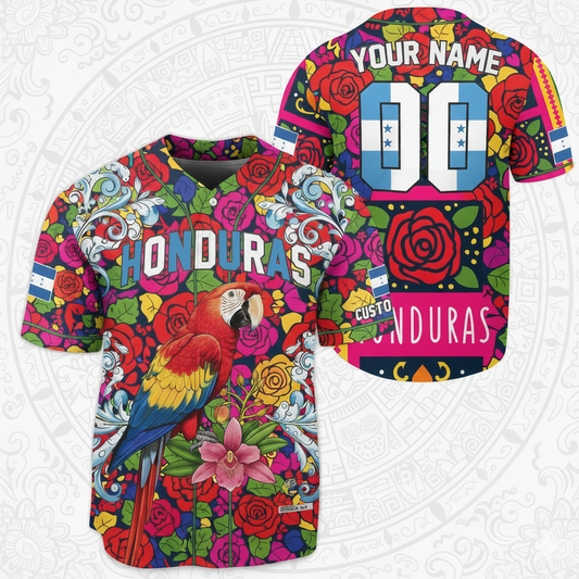 Honduras Baseball Jersey - Full Floral Print, Macaw Bird & Flag Colors - Customizable Name/Number