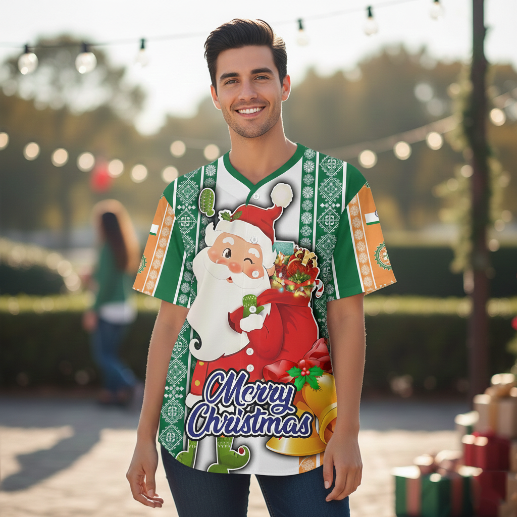 Christmas Baseball Jersey - Santa & Indian Flag Theme - Bird Eye Mesh Shirt | Unisex Holiday Apparel