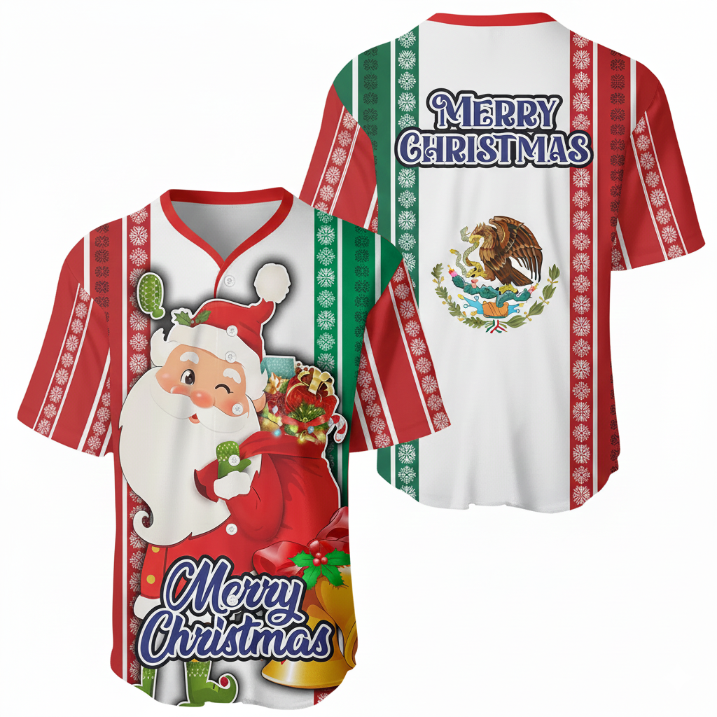 Mexico Flag Christmas Baseball Jersey - Santa & Snowflake Holiday Shirt