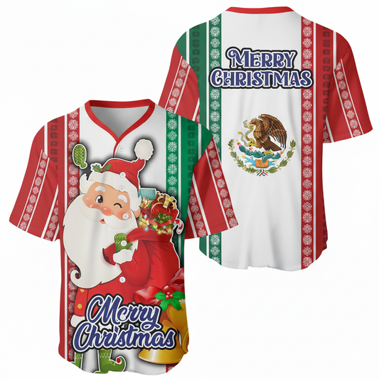 Mexico Flag Christmas Baseball Jersey - Santa & Snowflake Holiday Shirt