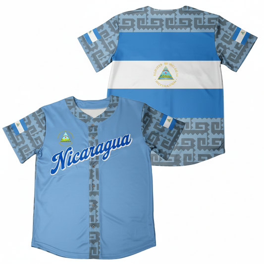 Nicaragua Flag Baseball Jersey - National Shield & Tribal Pattern - Customizable Name/Number