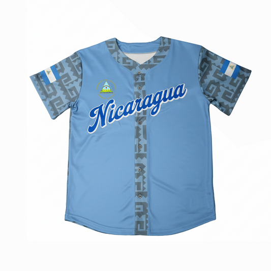 Nicaragua Flag Baseball Jersey - National Shield & Tribal Pattern - Customizable Name/Number