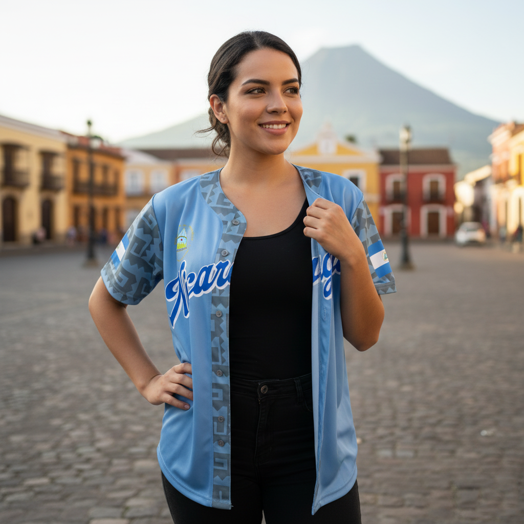 Nicaragua Flag Baseball Jersey - National Shield & Tribal Pattern - Customizable Name/Number