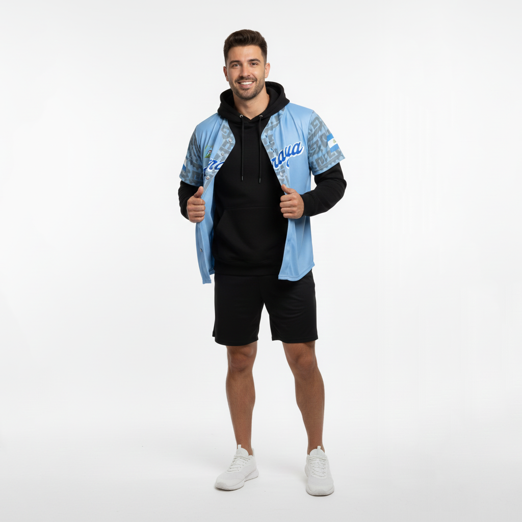 Nicaragua Flag Baseball Jersey - National Shield & Tribal Pattern - Customizable Name/Number