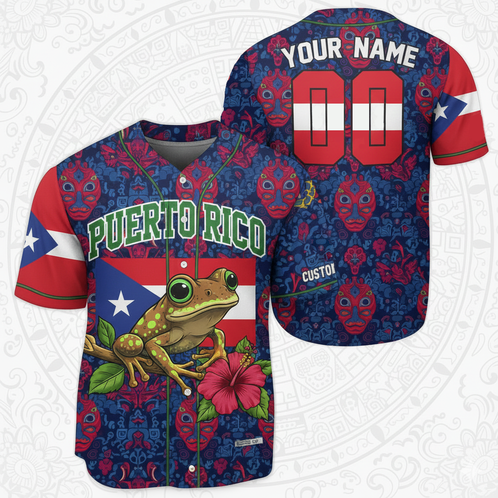 Puerto Rico Coqui Frog Baseball Jersey - Custom Name/Number, Taino Pattern & Flag Design - Unisex