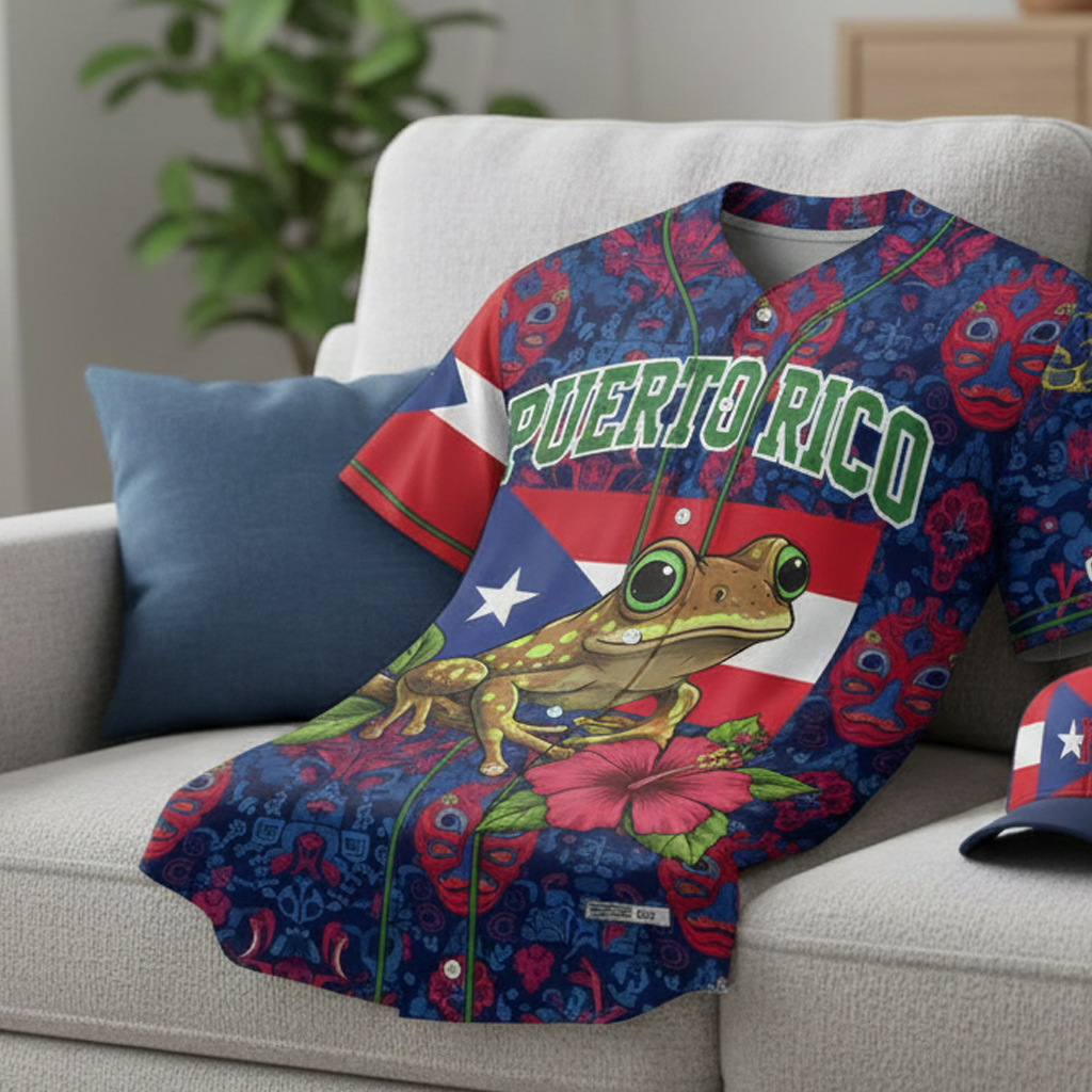 Puerto Rico Coqui Frog Baseball Jersey - Custom Name/Number, Taino Pattern & Flag Design - Unisex