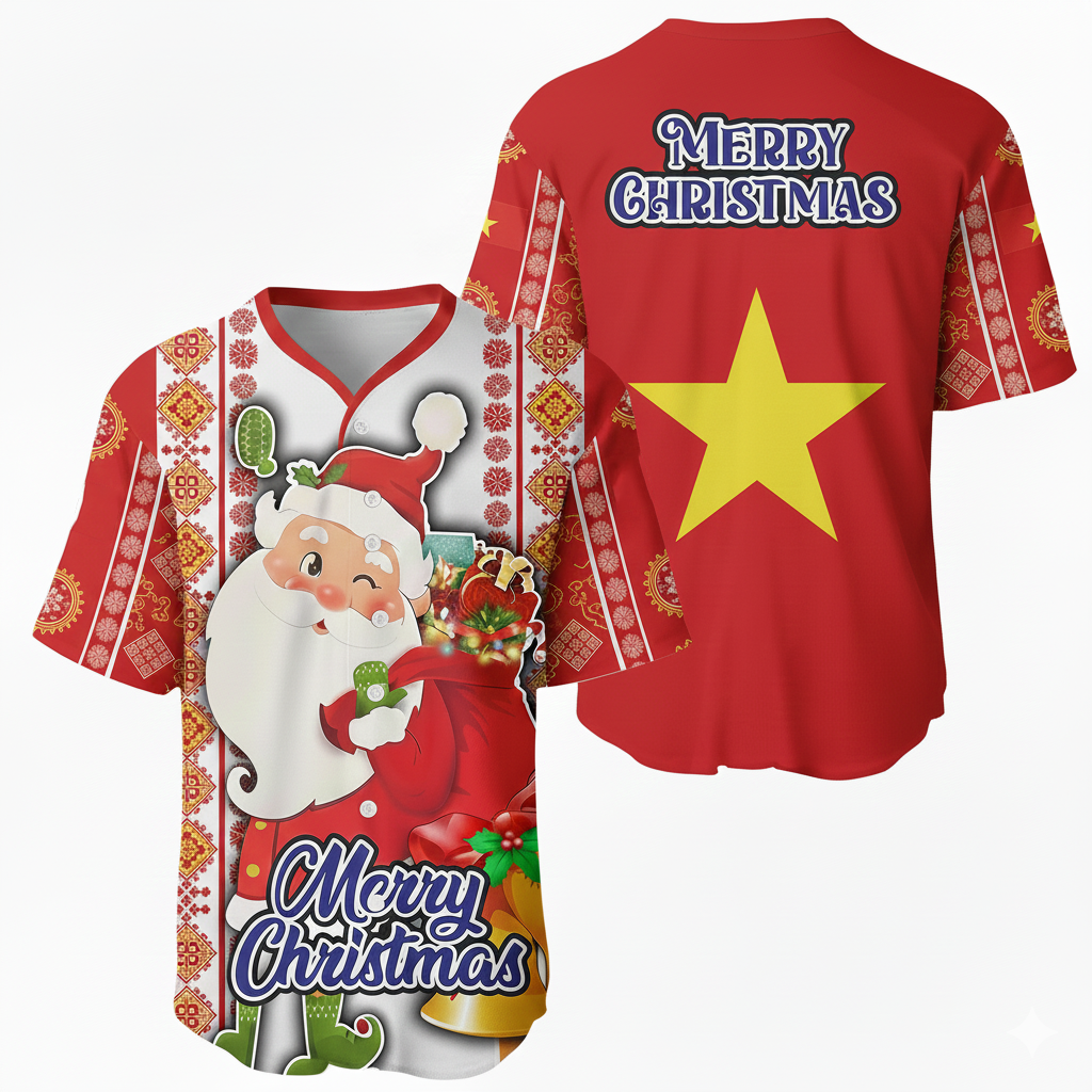 Vietnam Flag Christmas Santa Claus Baseball Jersey - Festive Heritage Holiday Shirt - Bird Eye Mesh Fabric