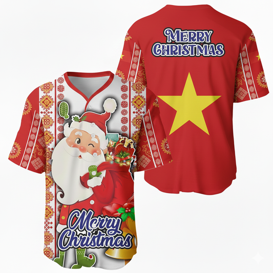 Vietnam Flag Christmas Santa Claus Baseball Jersey - Festive Heritage Holiday Shirt - Bird Eye Mesh Fabric
