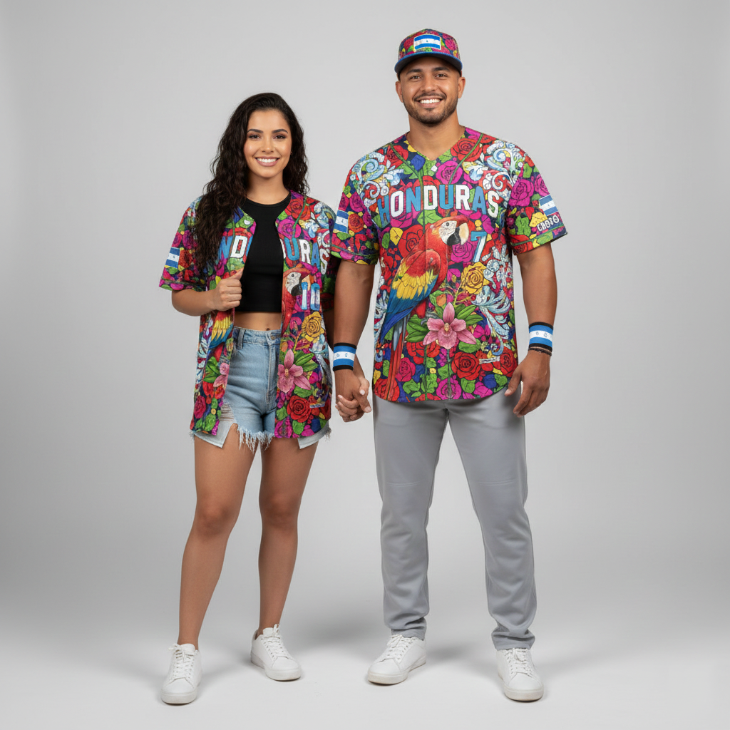 Honduras Baseball Jersey - Full Floral Print, Macaw Bird & Flag Colors - Customizable Name/Number