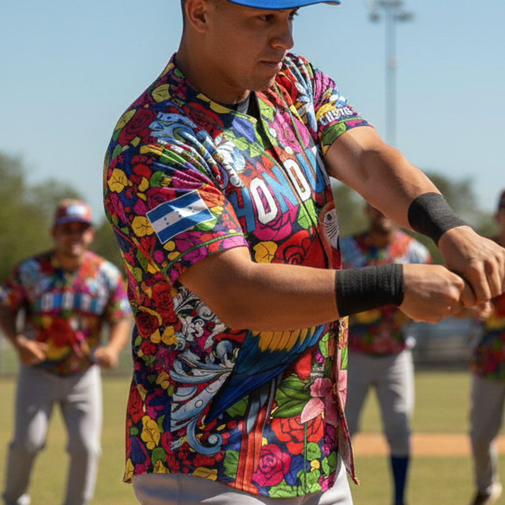 Honduras Baseball Jersey - Full Floral Print, Macaw Bird & Flag Colors - Customizable Name/Number